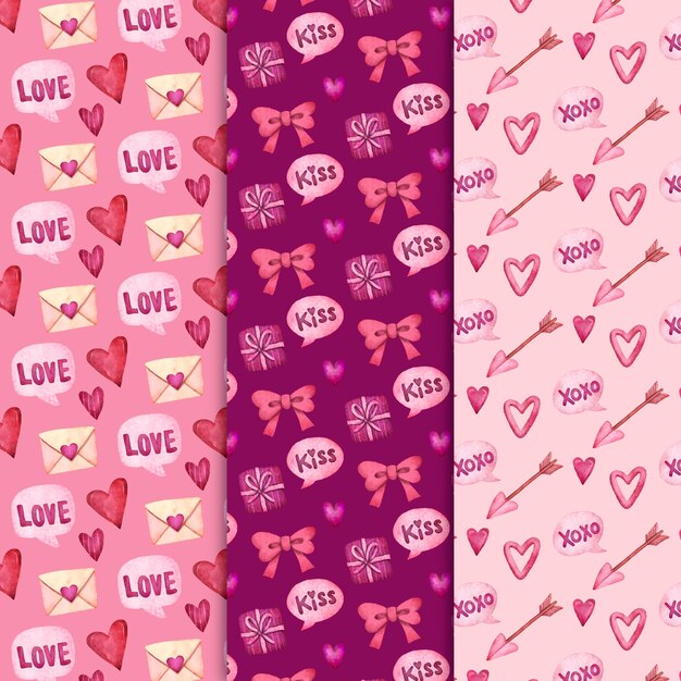 Conjunto de patrones de acuarela de san valentín