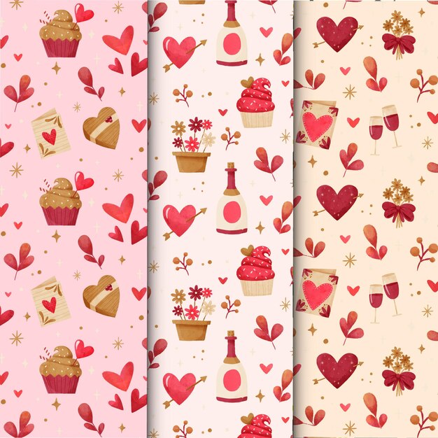 Conjunto de patrones de acuarela de San Valentín
