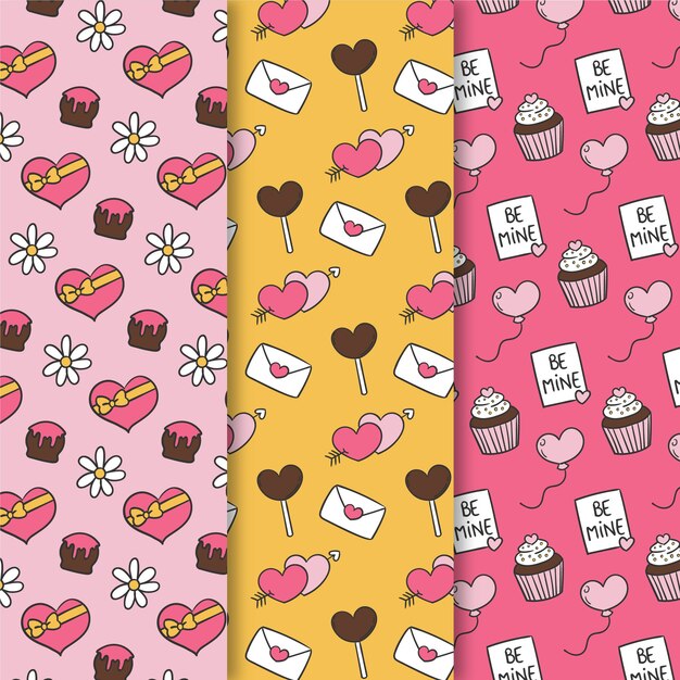 Conjunto de patrones dibujados a mano de San Valentín