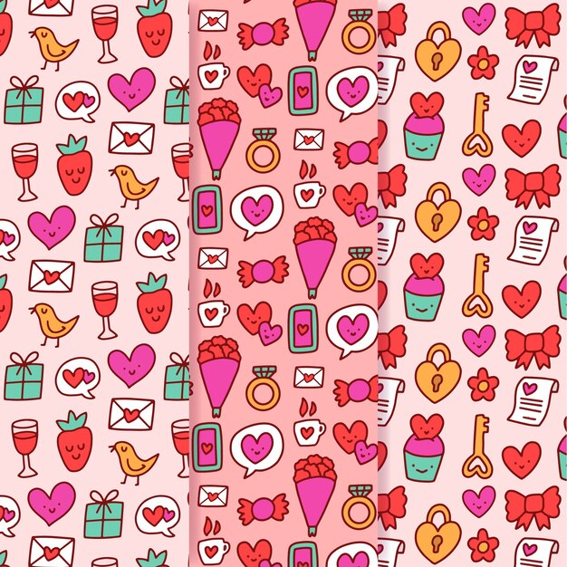 Conjunto de patrones dibujados a mano de San Valentín