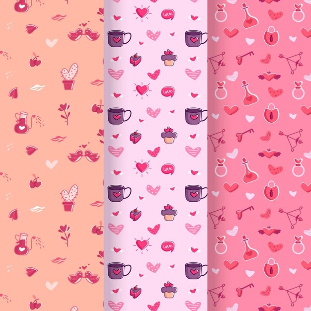 Conjunto de patrones dibujados a mano de San Valentín