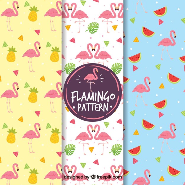 Conjunto de patrones de flamencos con frutas y plantas 