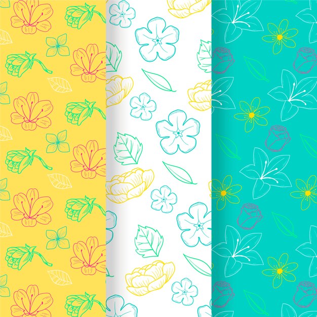 Conjunto de patrones florales primavera dibujados a mano