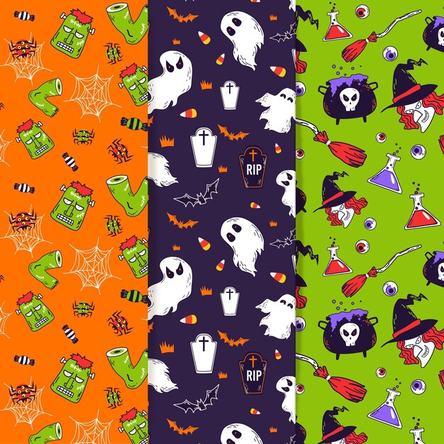 Conjunto de patrones de halloween de diseño plano