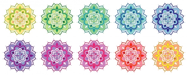 Conjunto de patrones de mandala en muchos colores.