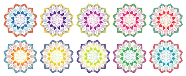 Conjunto de patrones de mandala en muchos colores.