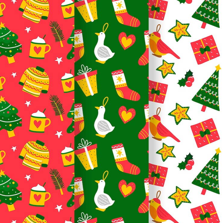 Vector gratuito conjunto de patrones navideños de diseño plano