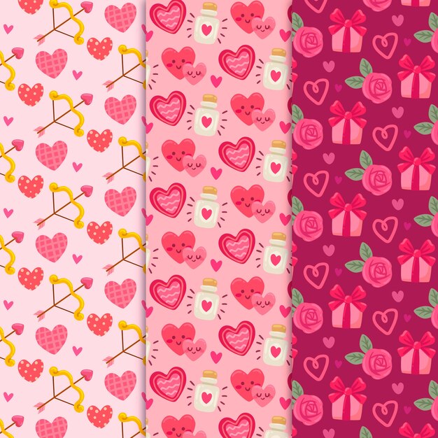 Conjunto de patrones de san valentín dibujados a mano