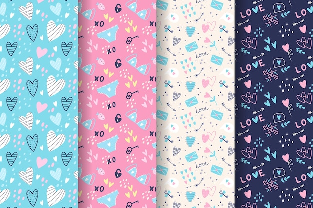 Conjunto de patrones de san valentín dibujados a mano