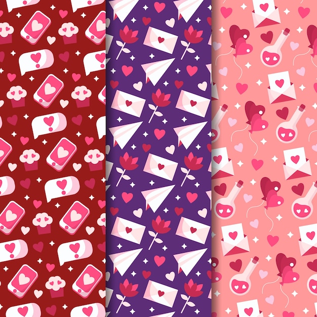 Conjunto de patrones de san valentín de diseño plano