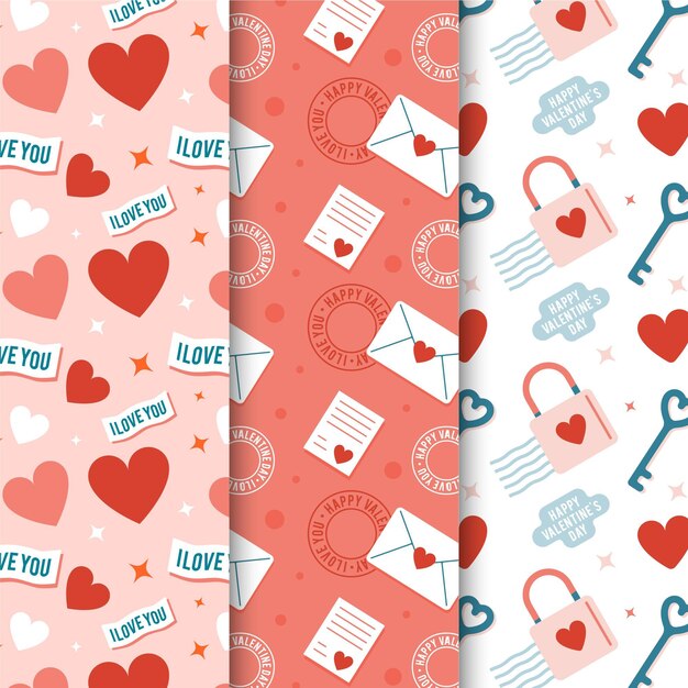 Conjunto de patrones de san valentín de diseño plano