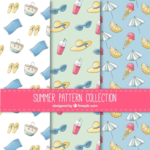 Conjunto de patrones de verano con elementos diferentes en estilo acuarela