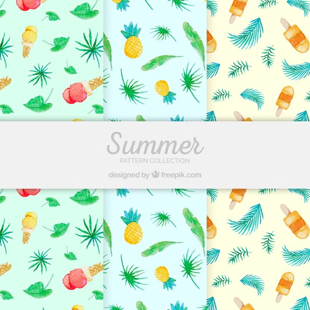 Conjunto de patrones de verano con helados y plantas en estilo acuarela