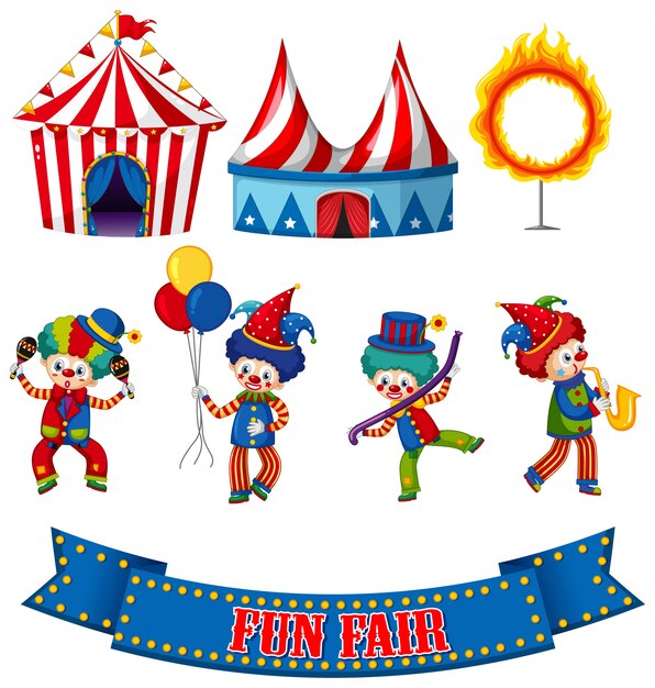 Conjunto de payasos de circo y carpas