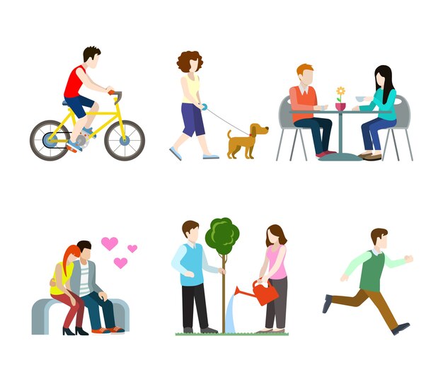 Conjunto de peatones de calle de ciudad plana de alta calidad. Ciclista, paseador de perros, banco de mesa de café, amantes románticos, corredor de riego de árboles. Construye tu propia colección mundial.
