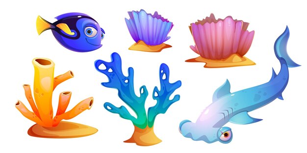 Conjunto de peces, algas y arrecifes de coral