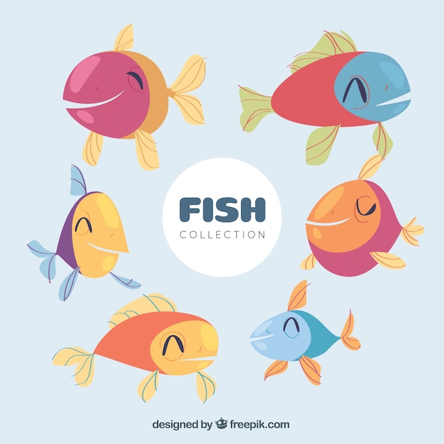 Vector gratuito conjunto de peces coloridos en estilo hecho a mano