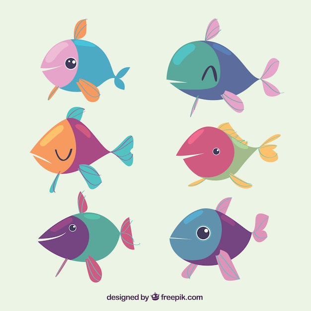 Conjunto de peces coloridos en estilo hecho a mano