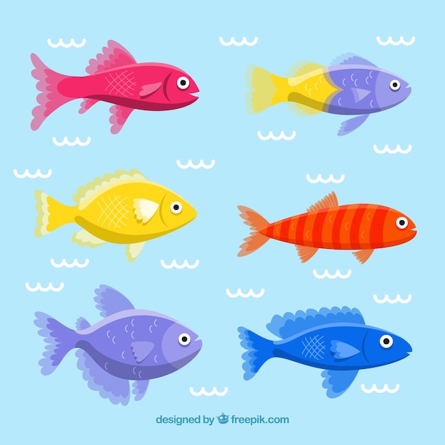 Conjunto de peces coloridos en estilo hecho a mano