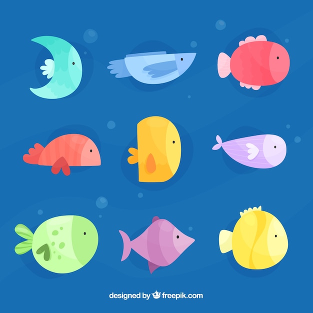 Vector gratuito conjunto de peces coloridos en estilo hecho a mano