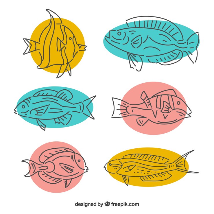 Vector gratuito conjunto de peces coloridos en estilo hecho a mano