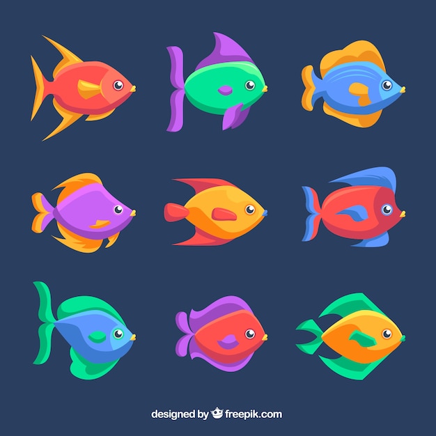 Conjunto de peces coloridos en estilo hecho a mano