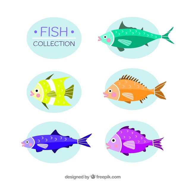 Conjunto de peces coloridos en estilo hecho a mano