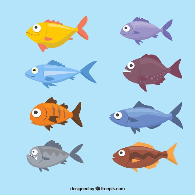 Conjunto de peces coloridos en estilo plano