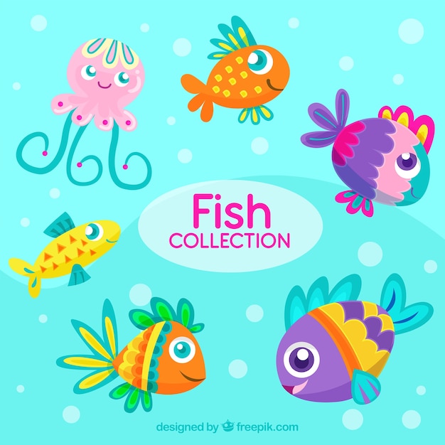 Vector gratuito conjunto de peces coloridos en estilo plano