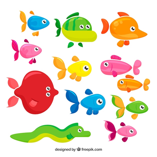 Vector gratuito conjunto de peces coloridos en estilo plano