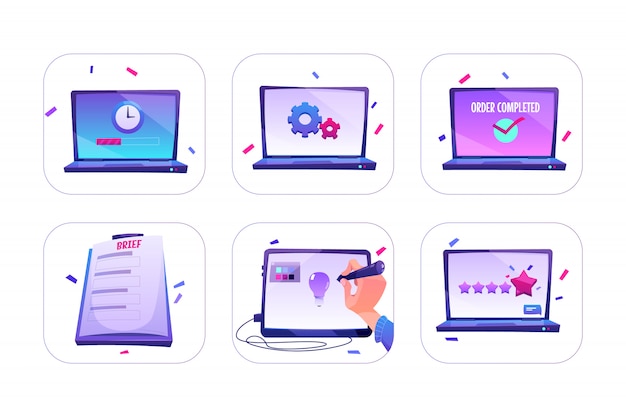 Vector gratuito conjunto de pedido en línea, diseñador crea idea en tableta gráfica, calificación o comentarios de los clientes con cinco estrellas en la pantalla del portátil, proceso de trabajo.