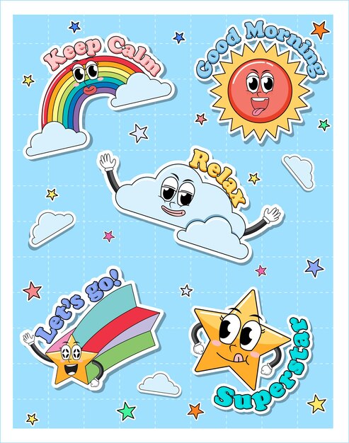 conjunto, de, pegatina, logotipo, icono, cómico, estilo