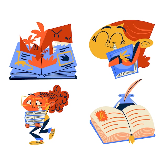 Conjunto de pegatinas de amante de libros de estilo de dibujos animados