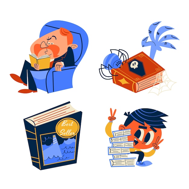 Conjunto de pegatinas de amante de libros de estilo de dibujos animados