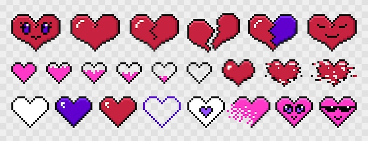 Vector gratuito conjunto de pegatinas de amor de juego retro en forma de corazón de píxeles en fondo transparente