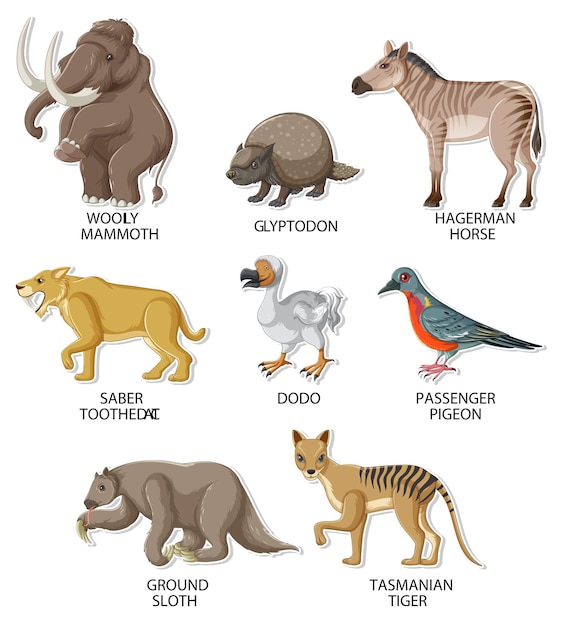 Vector gratuito un conjunto de pegatinas de animales extintos.