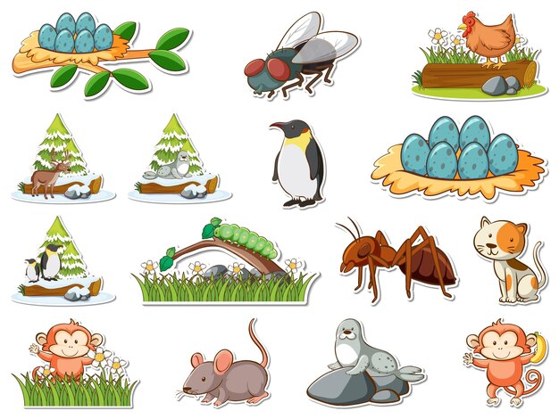 Conjunto de pegatinas de animales salvajes de dibujos animados