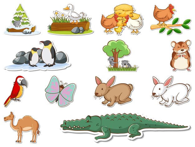 Conjunto de pegatinas de animales salvajes de dibujos animados