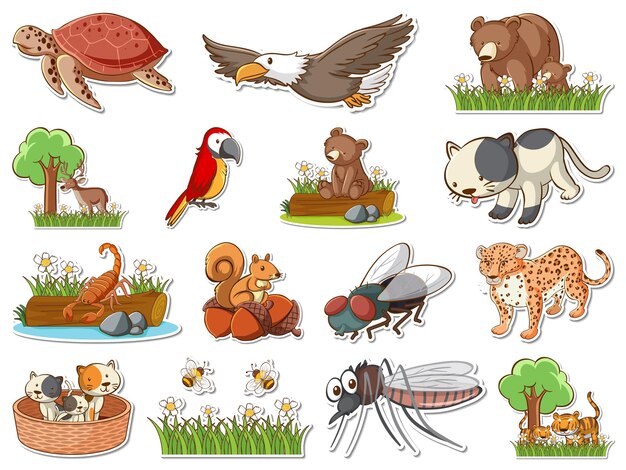 Conjunto de pegatinas de animales salvajes de dibujos animados