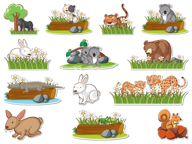 Vector gratuito conjunto de pegatinas de animales salvajes de dibujos animados