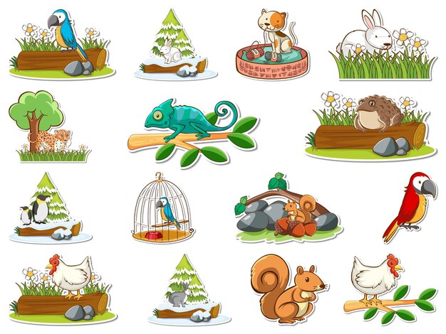 Conjunto de pegatinas de animales salvajes de dibujos animados