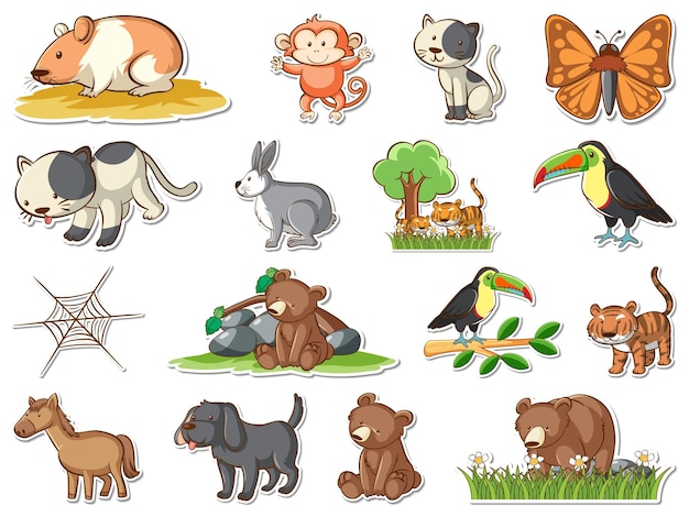 Vector gratuito conjunto de pegatinas de animales salvajes de dibujos animados