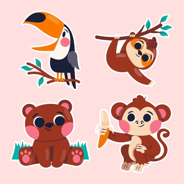 Vector gratuito conjunto de pegatinas de animales salvajes infantiles.