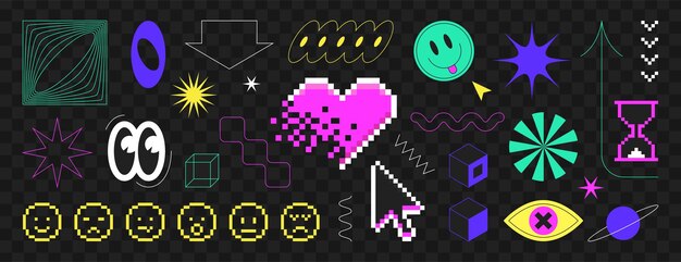 Conjunto de pegatinas de arte de píxeles yk en estilo retro sonriente líneas de ojos amor corazón y brutalismo geométrico