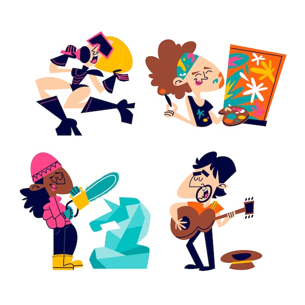 Vector gratuito conjunto de pegatinas de artistas de dibujos animados retro