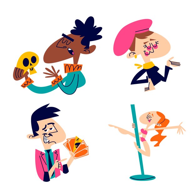 Conjunto de pegatinas de artistas de dibujos animados retro