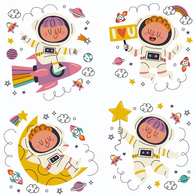 Conjunto de pegatinas de astronauta de garabato dibujado a mano