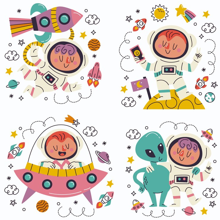 Vector gratuito conjunto de pegatinas de astronauta de garabato dibujado a mano