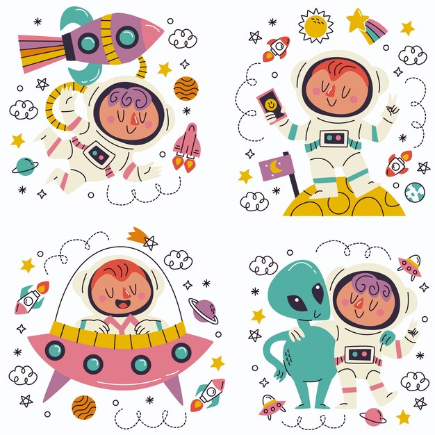 Conjunto de pegatinas de astronauta de garabato dibujado a mano