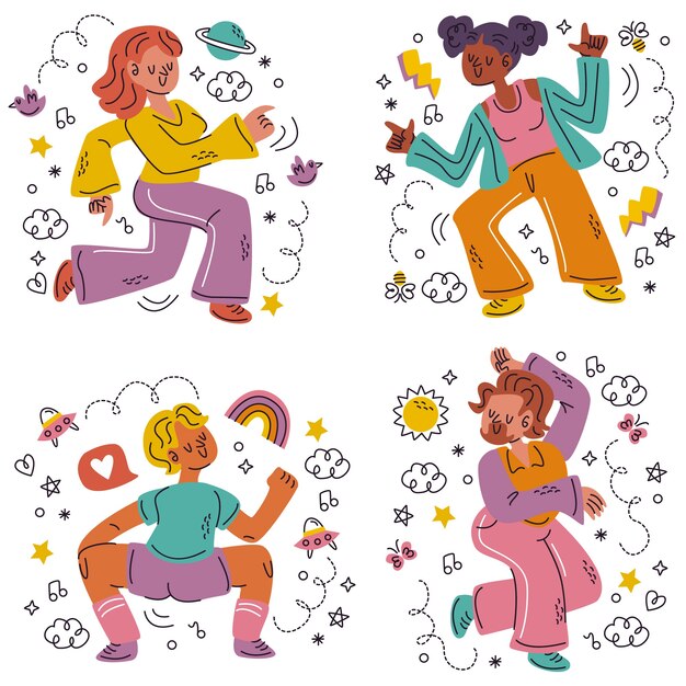 Conjunto de pegatinas de bailarina de doodle dibujadas a mano